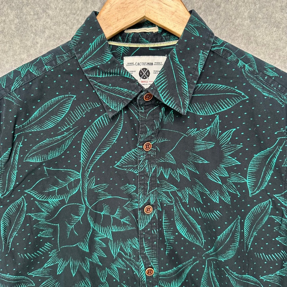Cactus Man Mens Small Slim Fit Short Sleeve Button Down Shirt Black Teal‎ Floral